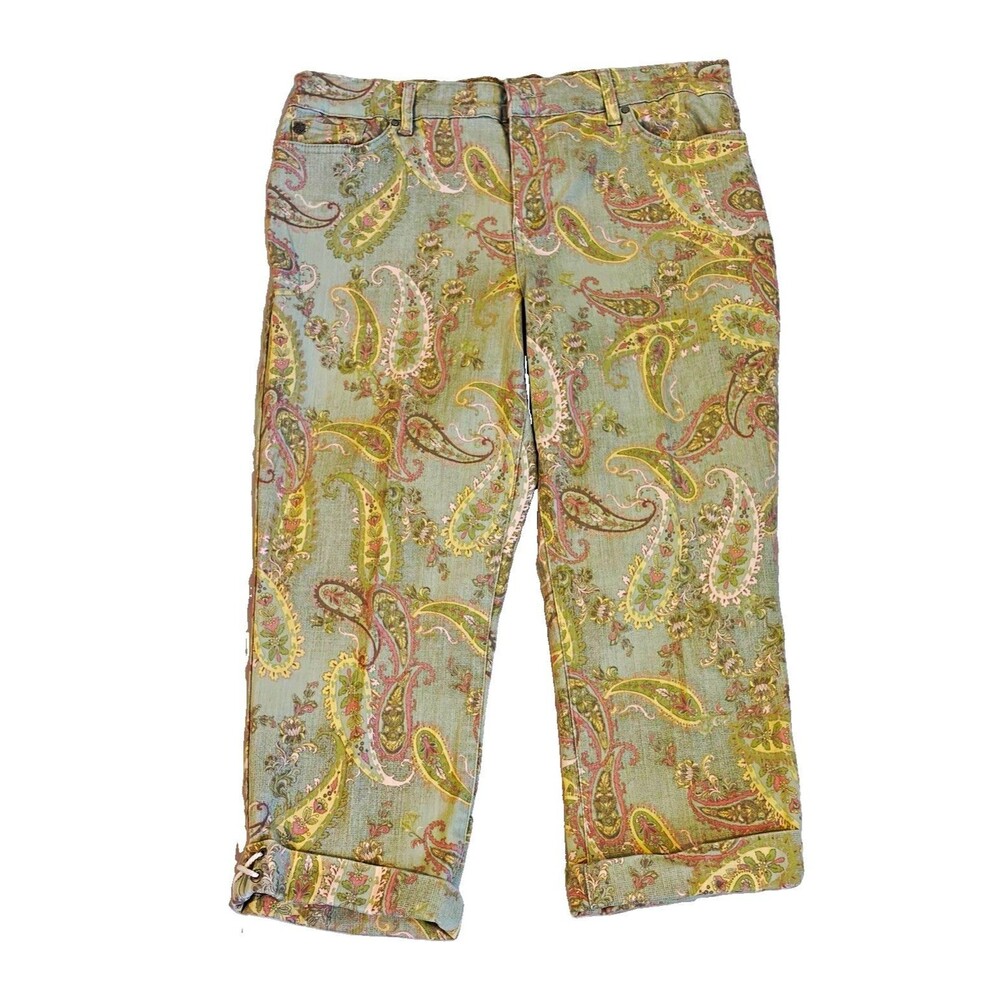 Bandolino Women’s Green Paisley Capri Pants Cuffed Flat Front Straight Leg